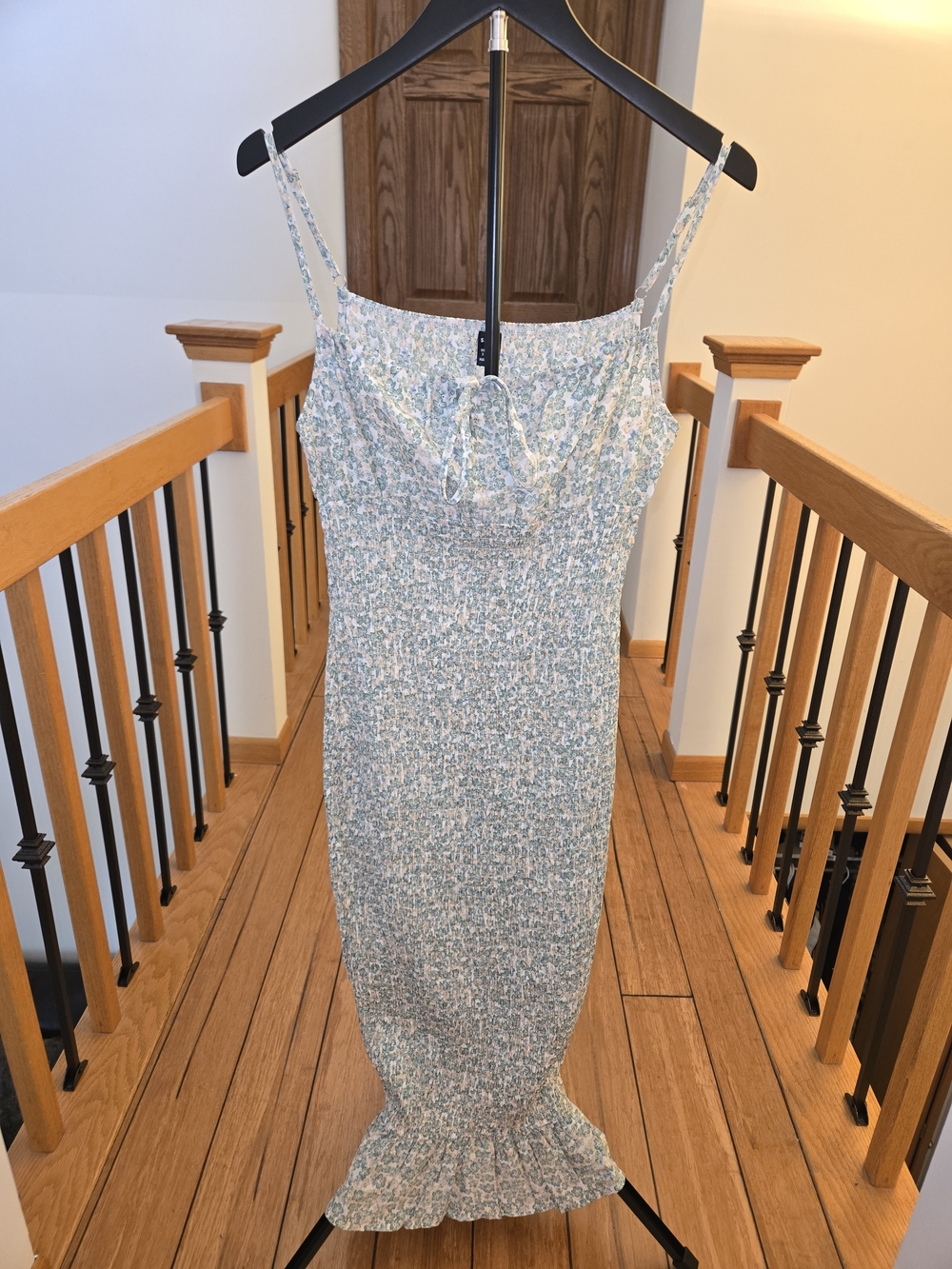 Light Green Floral Smocked Midi Body Con Dress with Ruffle Hem